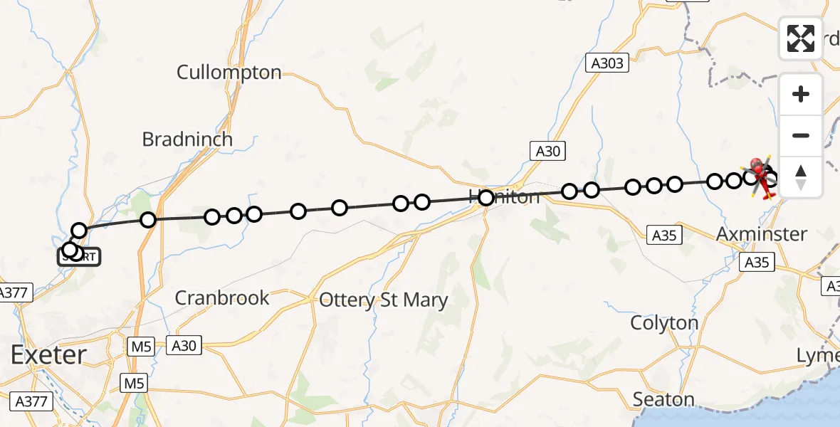 Flight route Air Ambulance Helicopter Stoke Canon - East Devon, 30 June 2026, 18:27