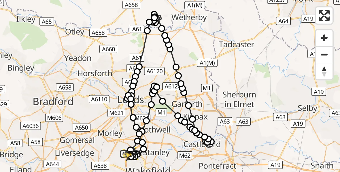 Flight route Police Helicopter East Ardsley - East Ardsley, 30 June 2026, 18:30