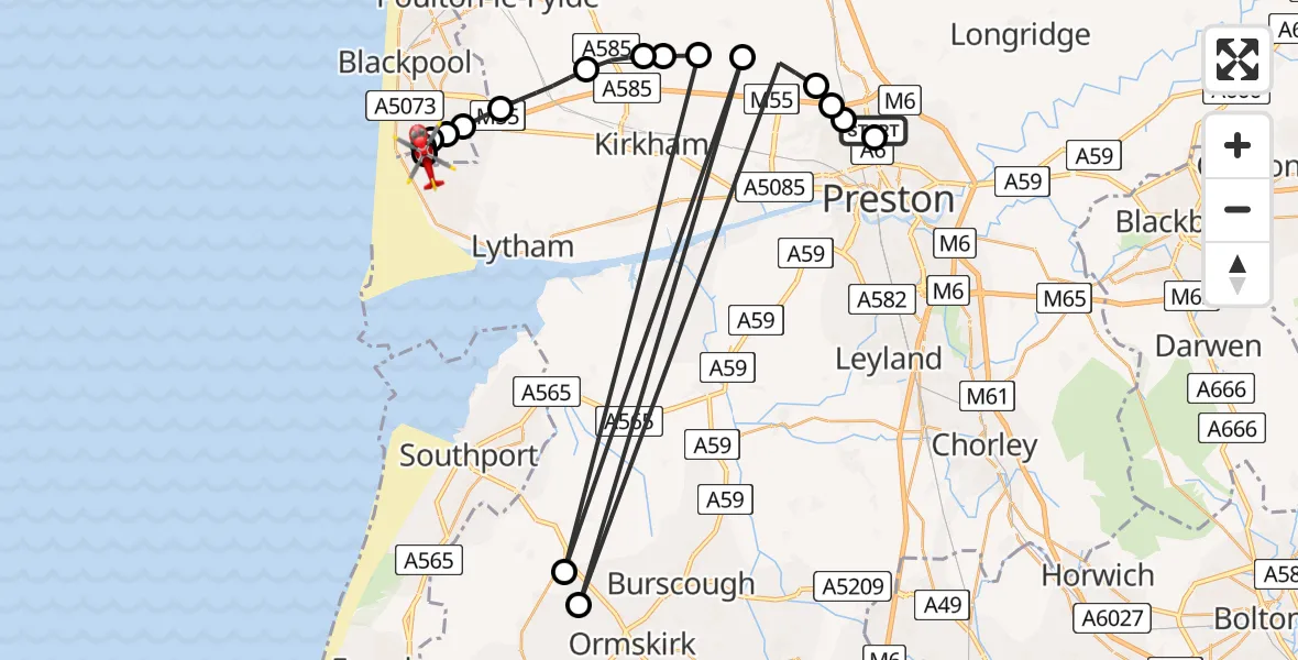 Flight route Air Ambulance Helicopter Royal Preston - Blackpool Airport, 30 June 2026, 18:31