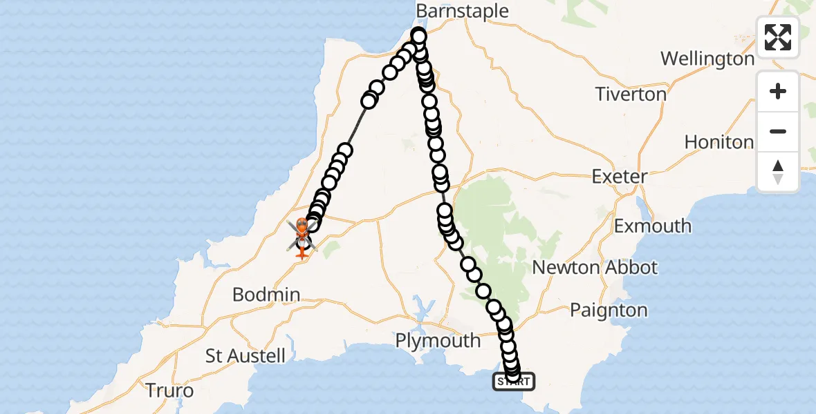 Flight route Coastguard Helicopter Bigbury-on-Sea - St. Breward, 30 June 2026, 18:45