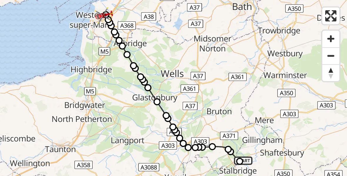 Flight route Air Ambulance Helicopter Henstridge Airfield - Weston-super-Mare, 30 June 2026, 18:51