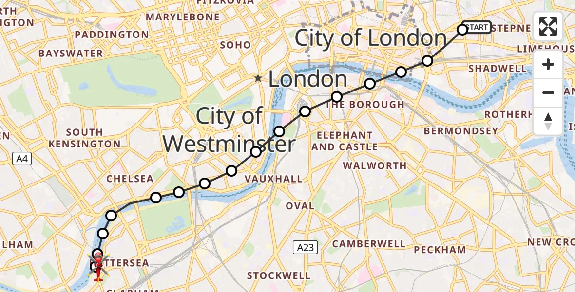 Flight route Air Ambulance Helicopter Royal London Hospital - London Heliport, 30 June 2026, 19:02