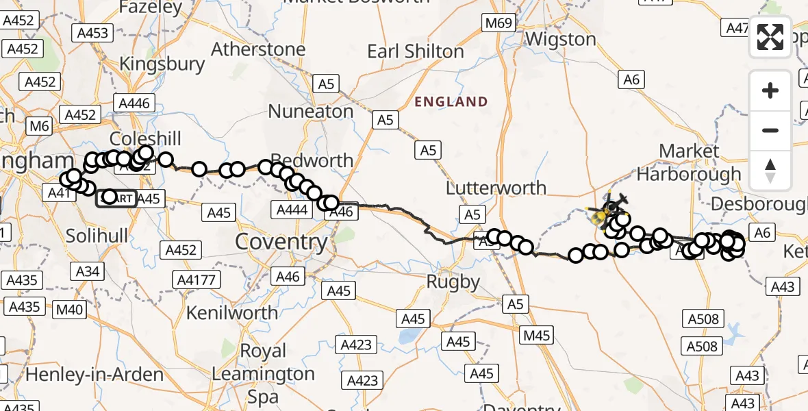 Flight route Police Helicopter Birmingham Airport - Sulby, 30 June 2026, 19:06