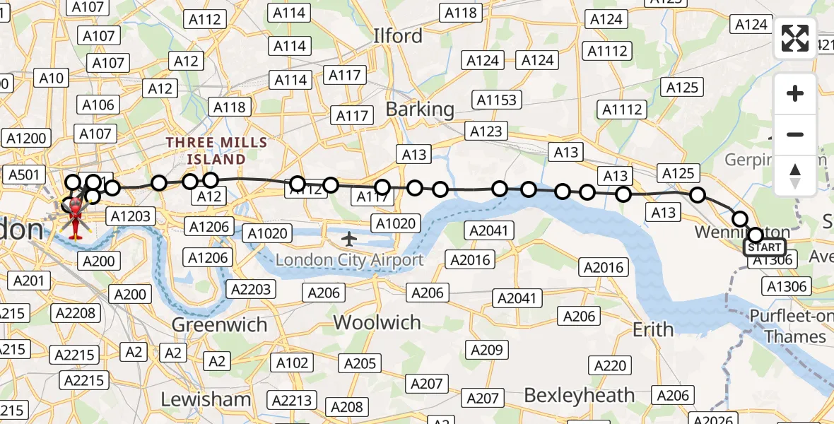 Flight route Air Ambulance Helicopter Havering - Wapping, 30 June 2026, 19:06