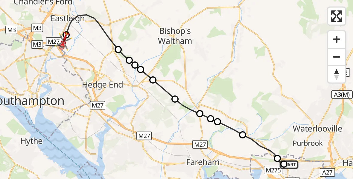 Flight route Air Ambulance Helicopter Queen Alexandra Hospital - Southampton Airport, 30 June 2026, 19:10