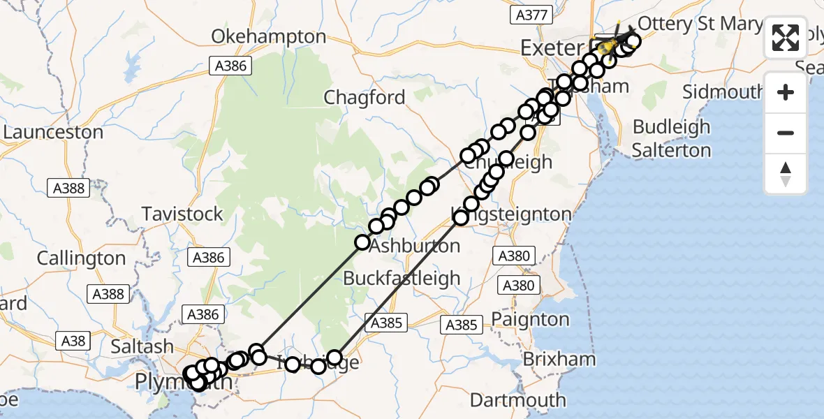 Flight route Police Helicopter Exeter International Airport - Exeter International Airport, 30 June 2026, 19:16