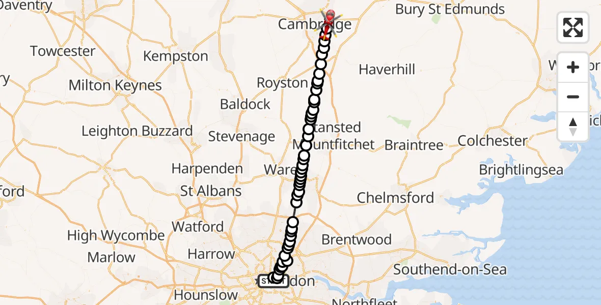 Flight route Air Ambulance Helicopter Wapping - Cambridge City Airport, 30 June 2026, 19:21