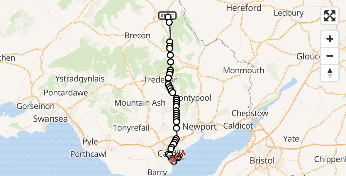 Flight route Air Ambulance Helicopter Brecon - Cardiff Heliport, 30 June 2026, 19:21