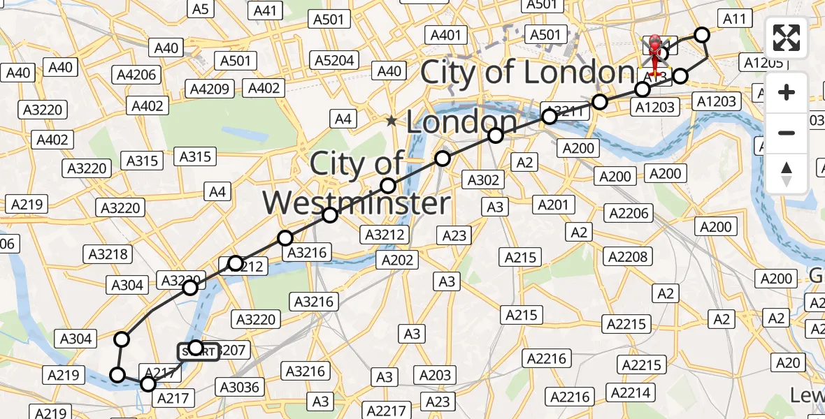 Flight route Air Ambulance Helicopter London Heliport - Royal London Hospital, 30 June 2026, 19:25