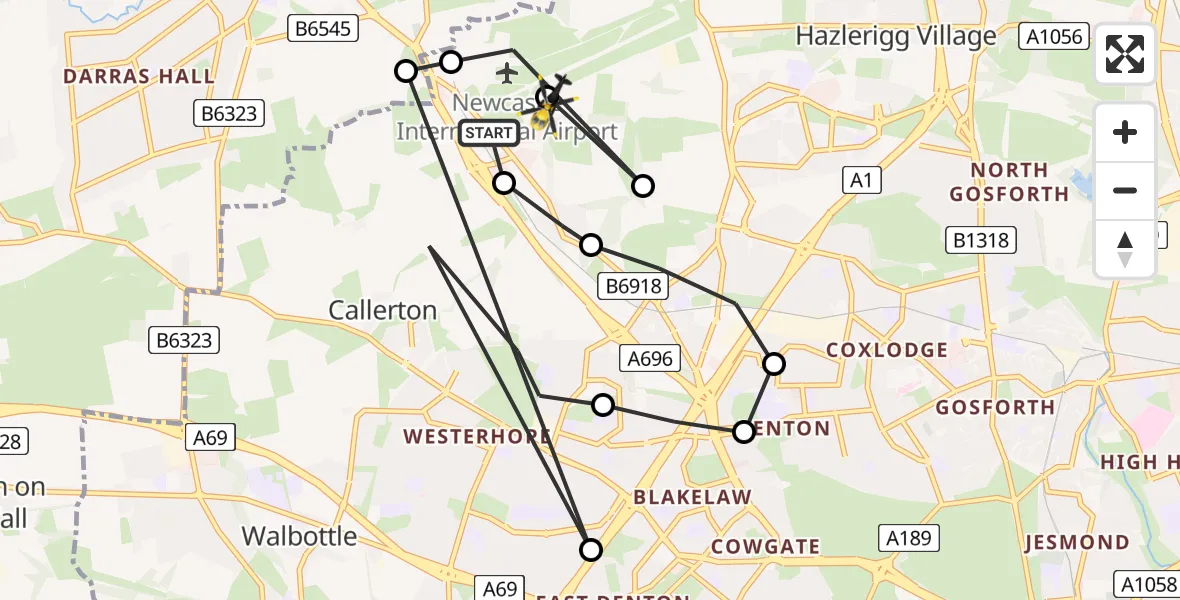 Flight route Police Helicopter Newcastle International Airport - Newcastle International Airport, 30 June 2026, 19:27