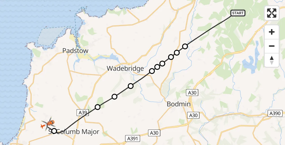 Flight route Coastguard Helicopter St. Breward - Cornwall Airport Newquay, 30 June 2026, 19:28