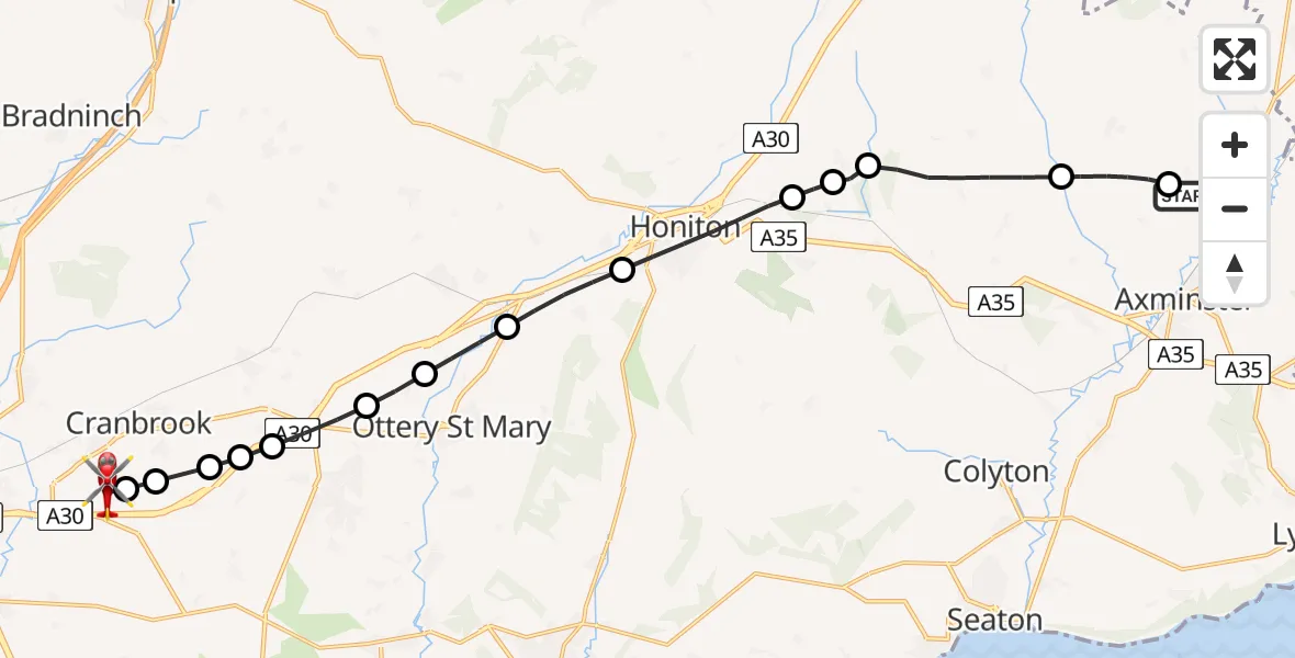Flight route Air Ambulance Helicopter East Devon - Exeter International Airport, 30 June 2026, 19:35