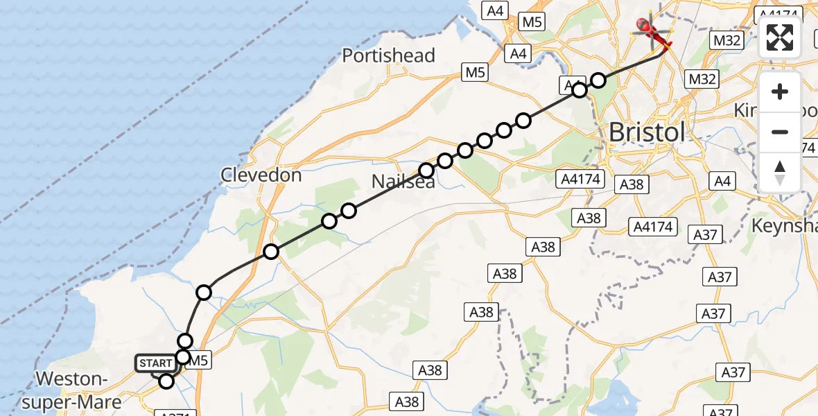 Flight route Air Ambulance Helicopter Weston-super-Mare - Bristol, 30 June 2026, 19:43