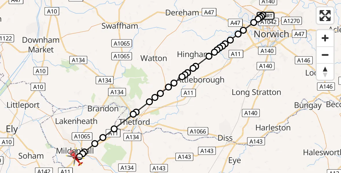 Flight route Air Ambulance Helicopter Norwich Airport - Barton Mills, 30 June 2026, 19:44