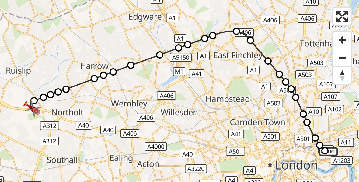 Flight route Air Ambulance Helicopter Royal London Hospital - RAF Northolt, 30 June 2026, 20:22