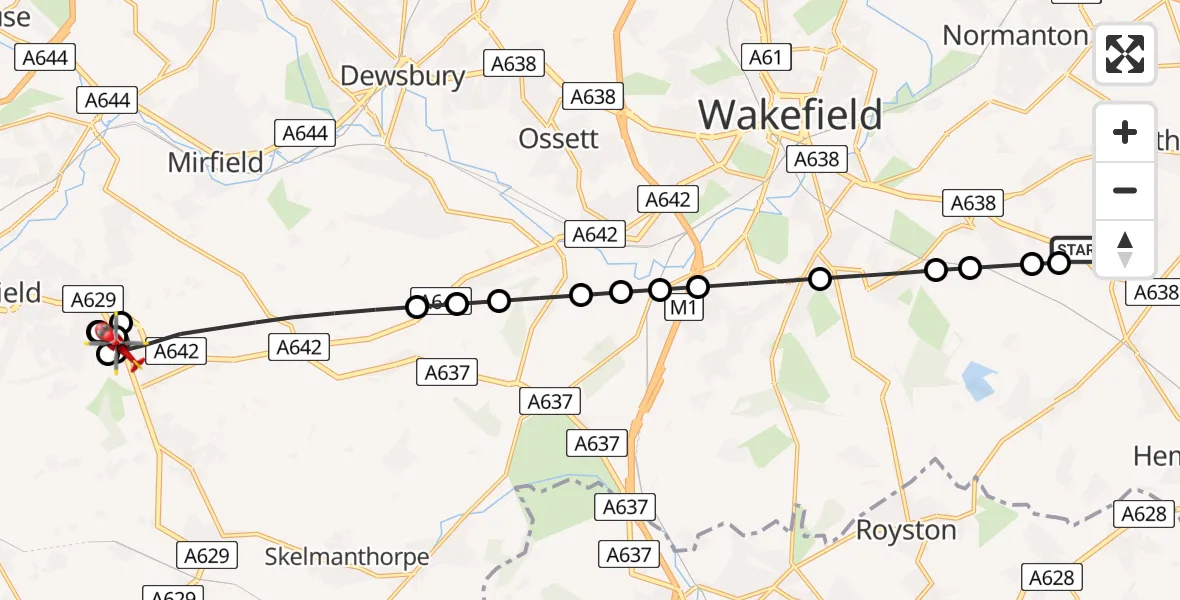 Flight route Air Ambulance Helicopter YAA Nostell Helicopter Port - Almondbury, 30 June 2026, 20:39