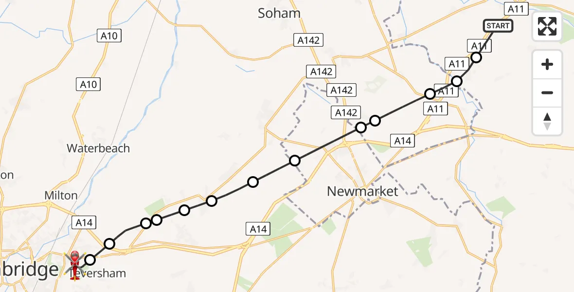 Flight route Air Ambulance Helicopter Barton Mills - Cambridge City Airport, 30 June 2026, 20:41