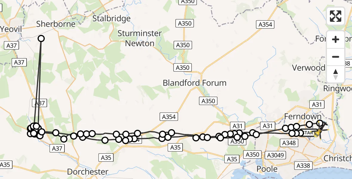 Flight route Police Helicopter Parley Cross - Bournemouth Airport, 30 June 2026, 20:44