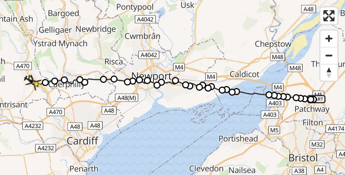 Flight route Police Helicopter Almondsbury Helicopter Base - Pontypridd, 30 June 2026, 21:04