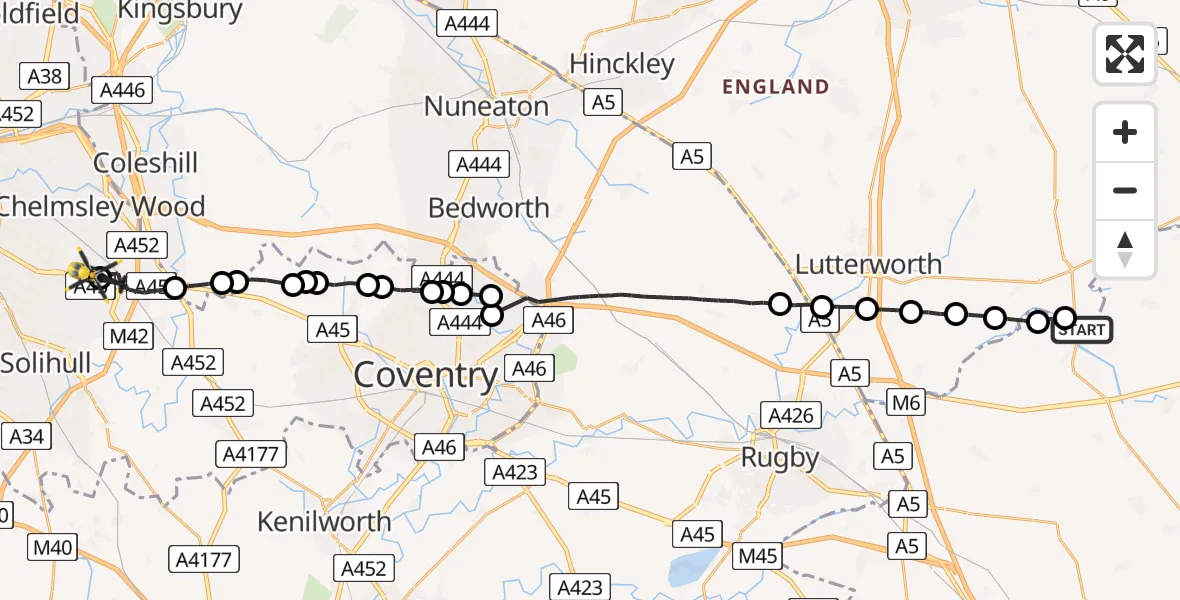 Flight route Police Helicopter Harborough - Birmingham Airport, 30 June 2026, 21:24