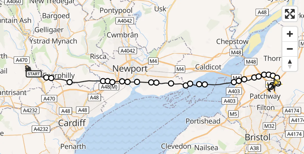 Flight route Police Helicopter Pontypridd - Hortham, 30 June 2026, 21:24