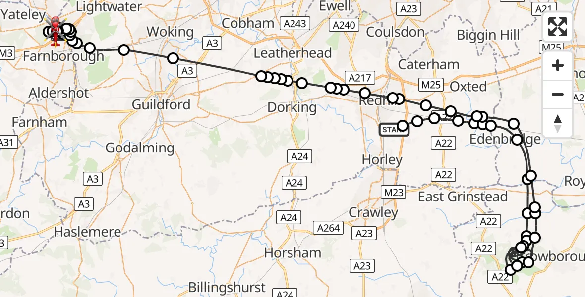Flight route Air Ambulance Helicopter Redhill Aerodrome - Farnborough, 30 June 2026, 21:25