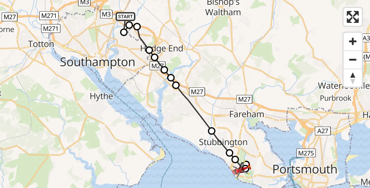 Flight route Air Ambulance Helicopter Southampton Airport - Lee-on-the-Solent, 30 June 2026, 21:28