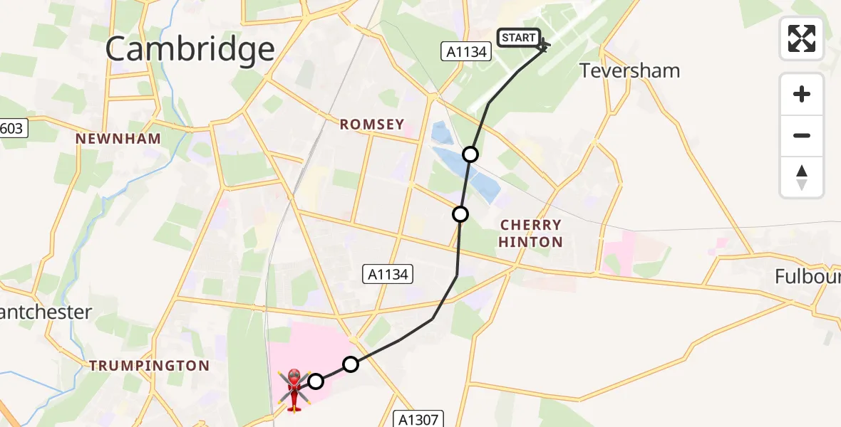 Flight route Air Ambulance Helicopter Cambridge City Airport - Papworth Hospital, 30 June 2026, 21:34