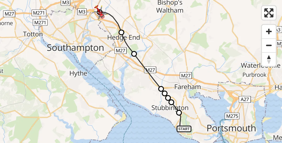 Flight route Air Ambulance Helicopter Lee-on-the-Solent - Southampton Airport, 30 June 2026, 21:41