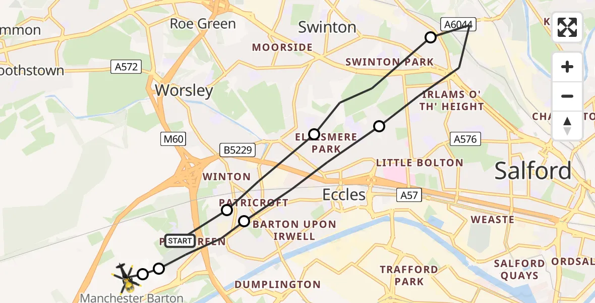 Flight route Police Helicopter Worsley - Manchester Barton Aerodrome, 30 June 2026, 21:41
