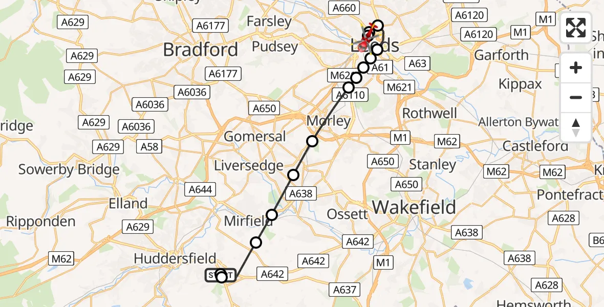Flight route Air Ambulance Helicopter Almondbury - Woodhouse, 30 June 2026, 21:43