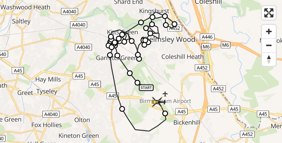 Flight route Police Helicopter Birmingham Airport - Solihull, 30 June 2026, 21:45