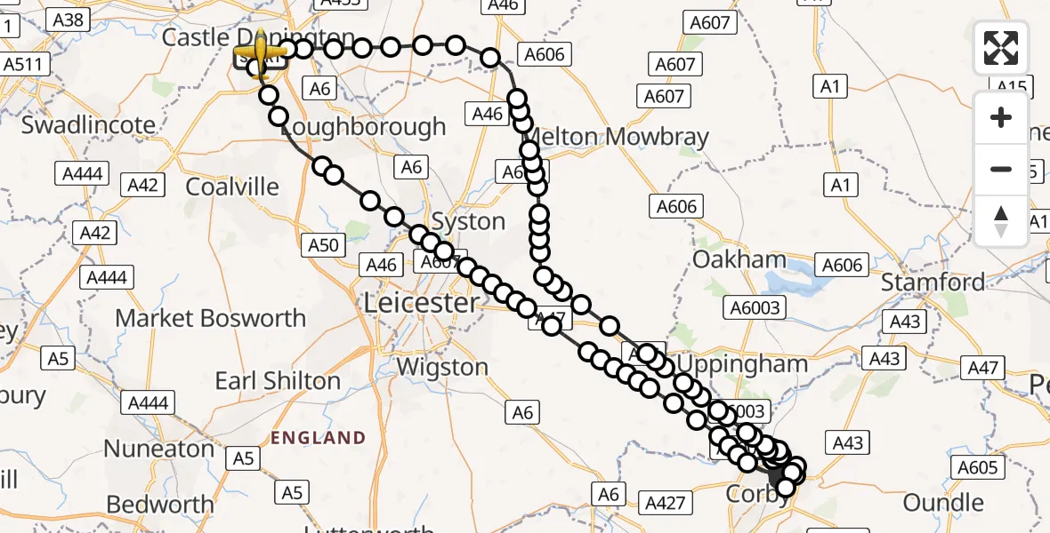 Flight route Police Aircraft East Midlands Airport - East Midlands Airport, 30 June 2026, 21:58