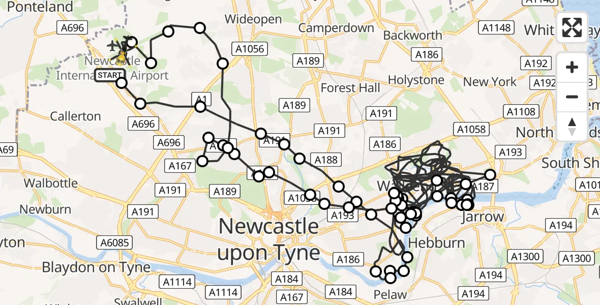 Flight route Police Helicopter Newcastle International Airport - Newcastle International Airport, 30 June 2026, 22:02