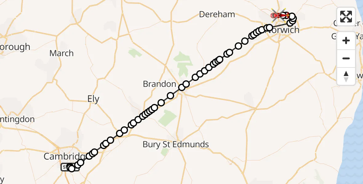 Flight route Air Ambulance Helicopter Papworth Hospital - Norwich Airport, 30 June 2026, 22:03
