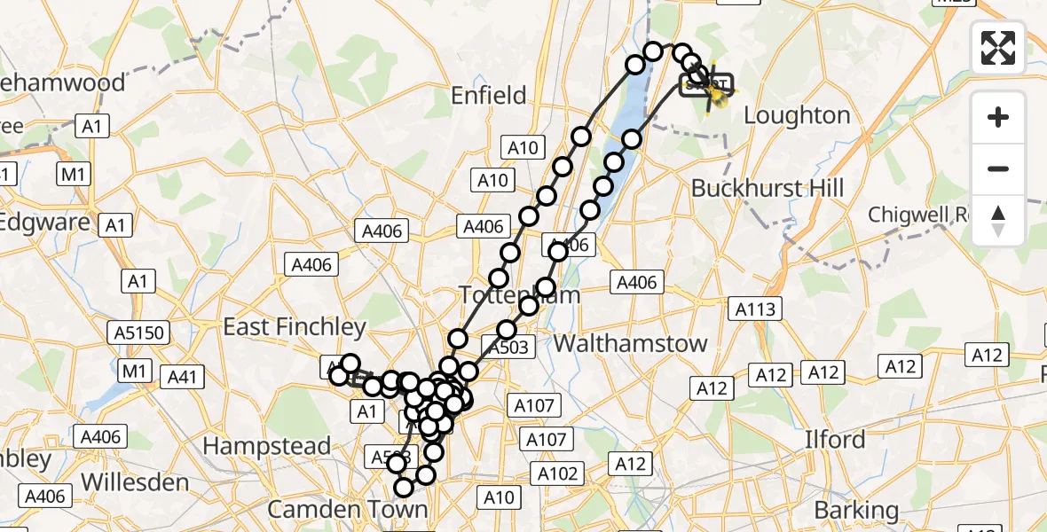 Flight route Police Helicopter Metropolitan Police Air Support Unit Lippitts Hill - Metropolitan Police Air Support Unit Lippitts Hill, 30 June 2026, 22:04