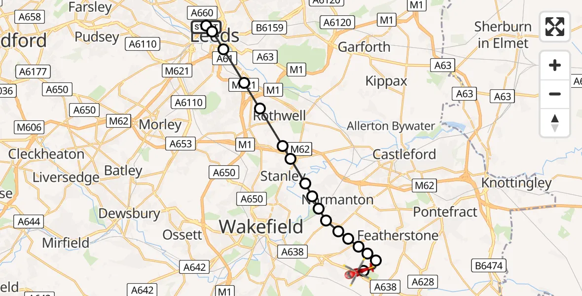 Flight route Air Ambulance Helicopter Woodhouse - YAA Nostell Helicopter Port, 30 June 2026, 22:04