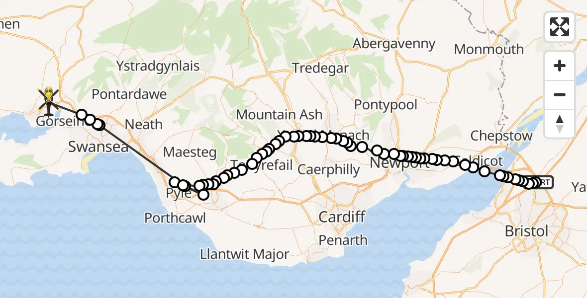 Flight route Police Helicopter Almondsbury Helicopter Base - Dafen, 30 June 2026, 22:45