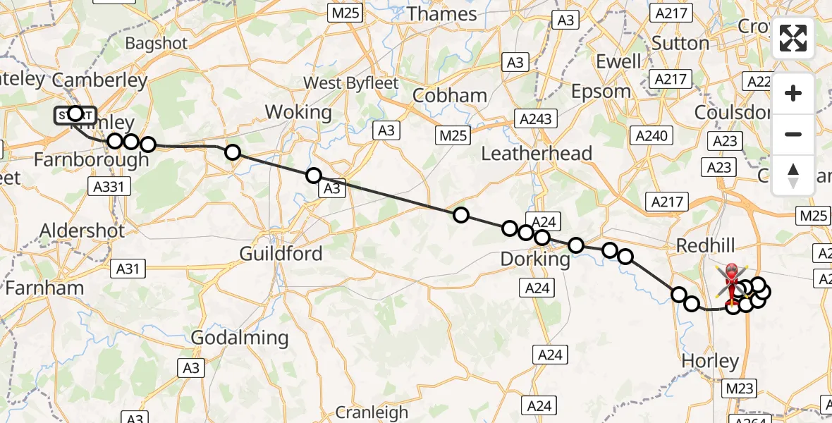 Flight route Air Ambulance Helicopter Hawley - Redhill Aerodrome, 30 June 2026, 22:59