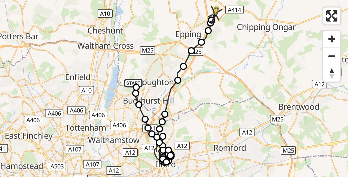 Flight route Police Helicopter Sewardstonebury - North Weald Airfield, 01 July 2026, 00:12
