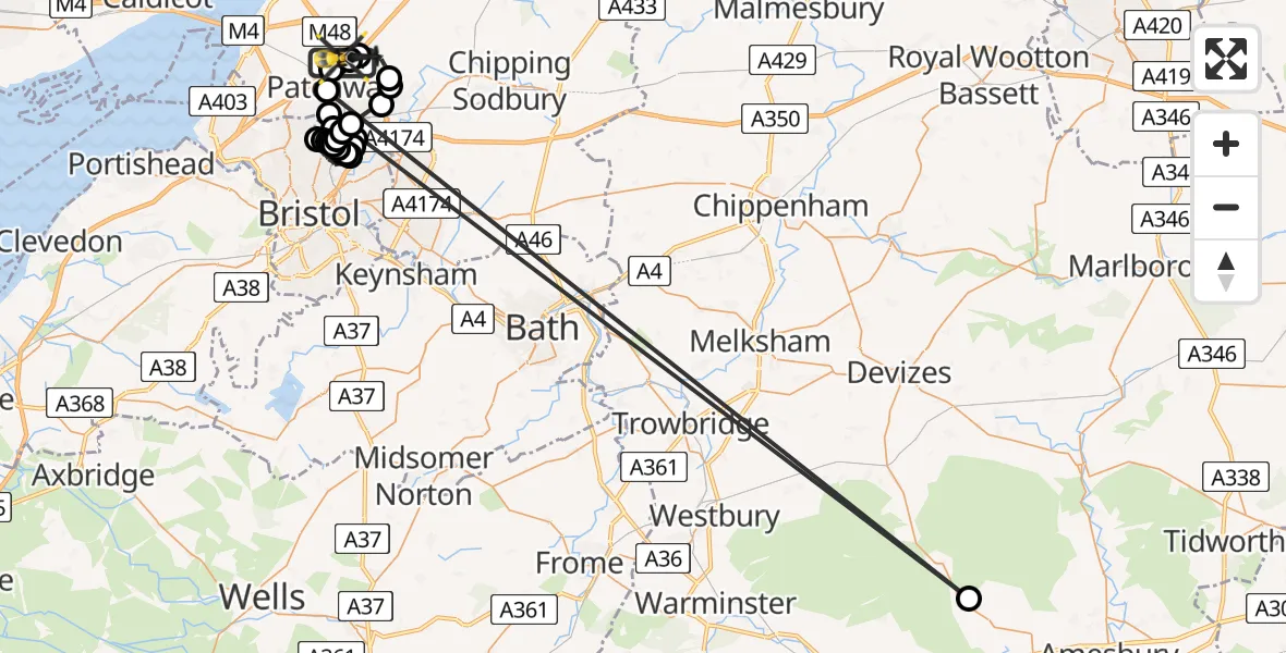 Flight route Police Helicopter Almondsbury Helicopter Base - Almondsbury Helicopter Base, 01 July 2026, 00:47