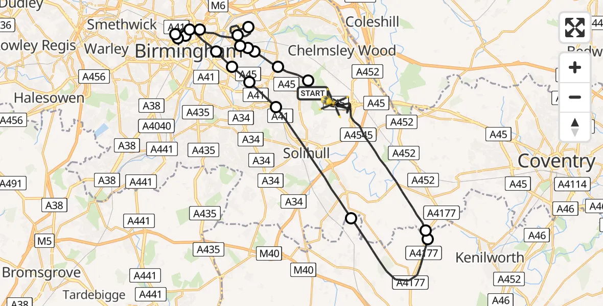 Flight route Police Helicopter Sheldon - Solihull, 01 July 2026, 01:26
