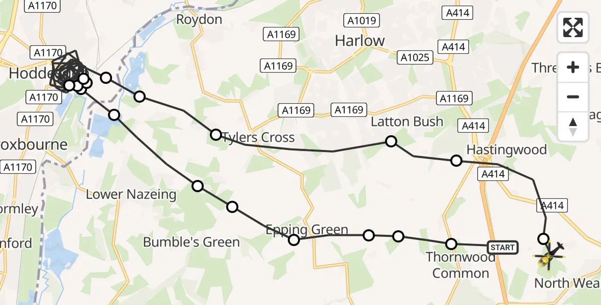 Flight route Police Helicopter North Weald Airfield - North Weald Bassett, 01 July 2026, 02:27