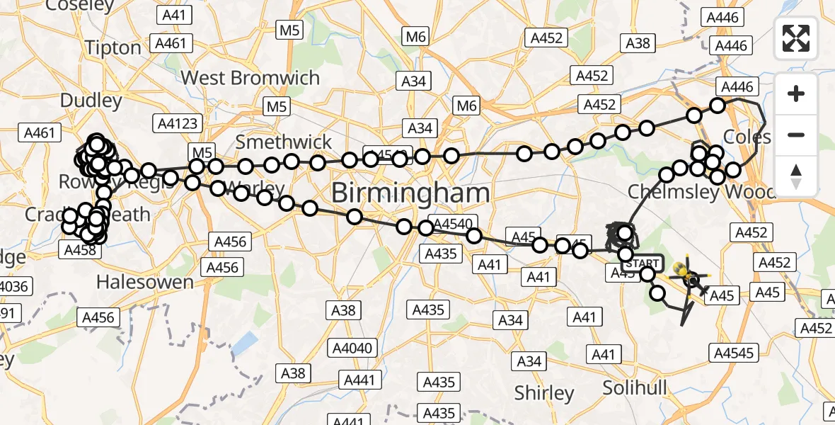 Flight route Police Helicopter Sheldon - Birmingham Airport, 01 July 2026, 02:44