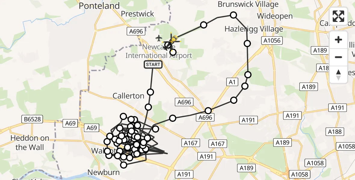 Flight route Police Helicopter Callerton - Newcastle International Airport, 01 July 2026, 03:54