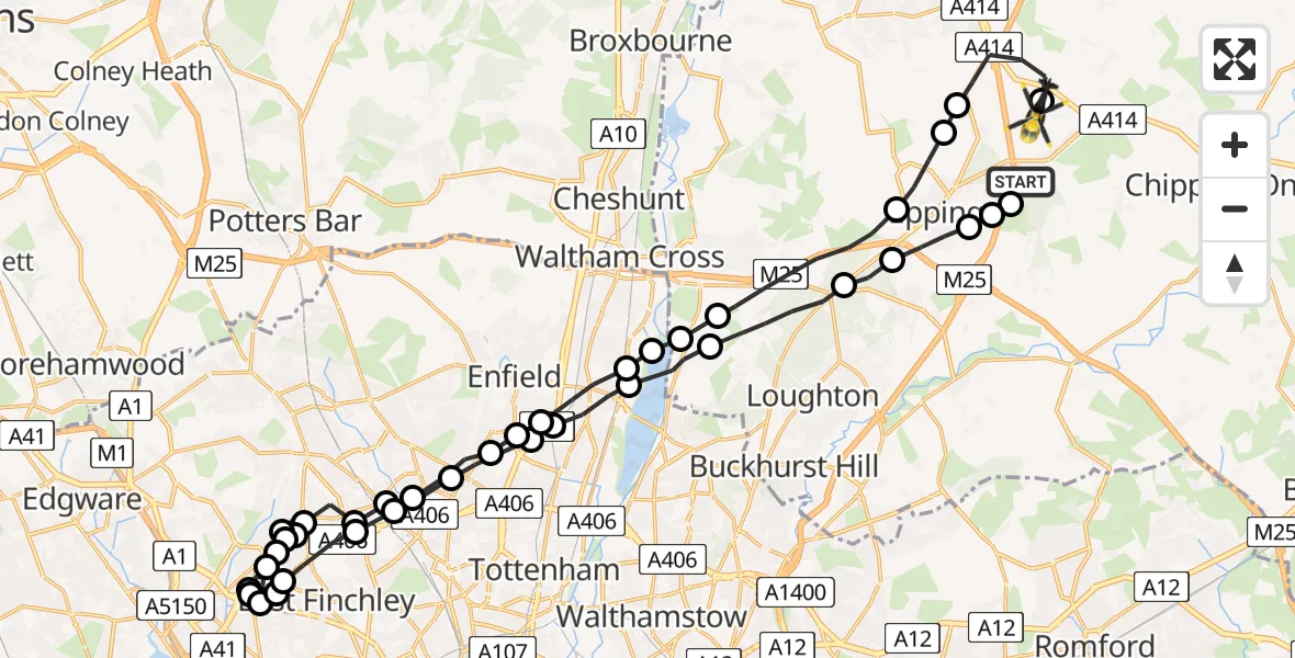 Flight route Police Helicopter Coopersale - North Weald Airfield, 01 July 2026, 04:17