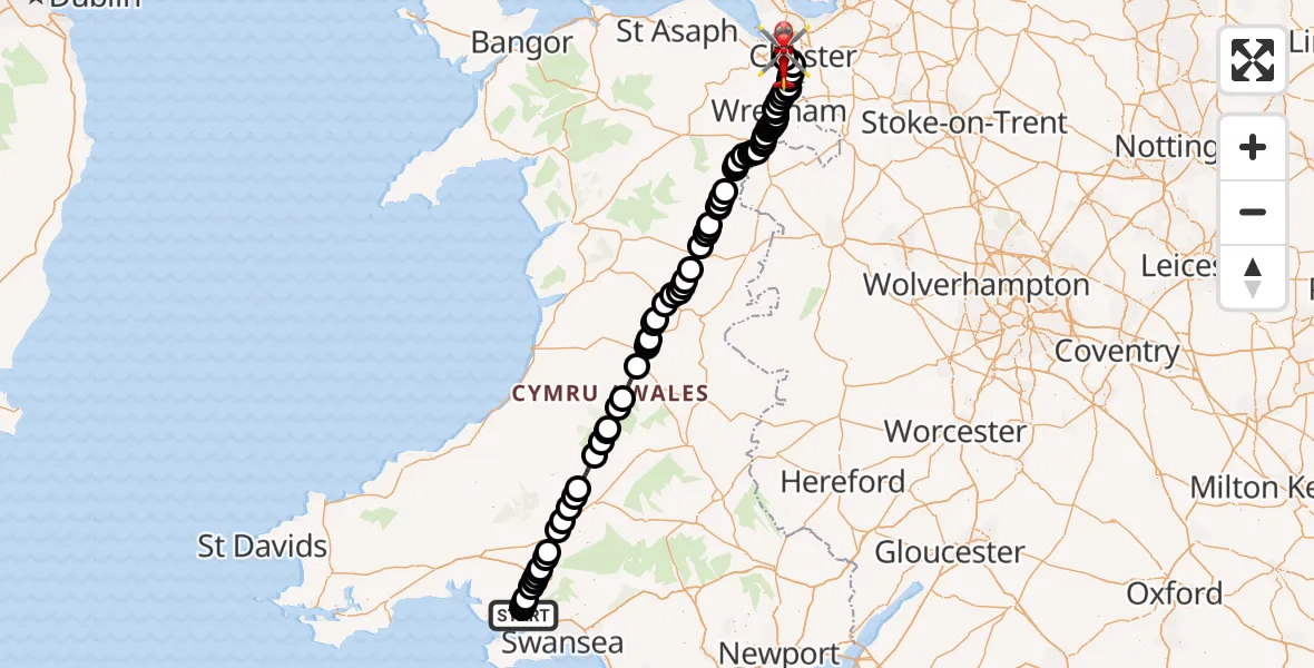 Flight route Air Ambulance Helicopter Dafen - Hawarden Airport, 01 July 2026, 06:04