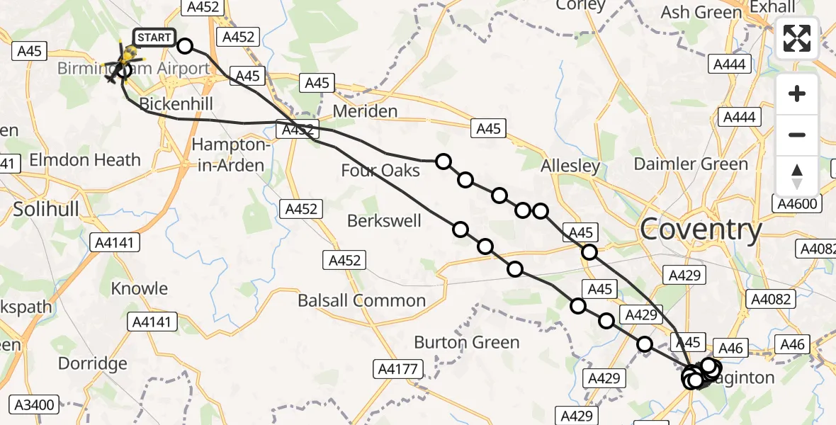 Flight route Police Helicopter Birmingham Airport - Birmingham Airport, 01 July 2026, 06:35