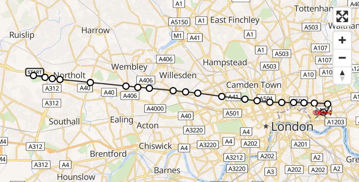 Flight route Air Ambulance Helicopter RAF Northolt - Royal London Hospital, 01 July 2026, 06:44