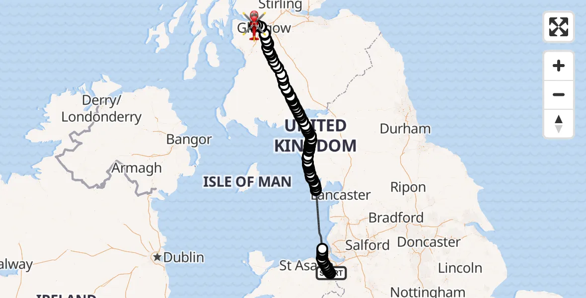 Flight route Air Ambulance Helicopter Hawarden Airport - Glasgow Airport, 01 July 2026, 07:38